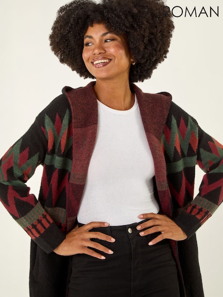 Black - Roman Nordic Pattern Hooded Knit Cardigan
