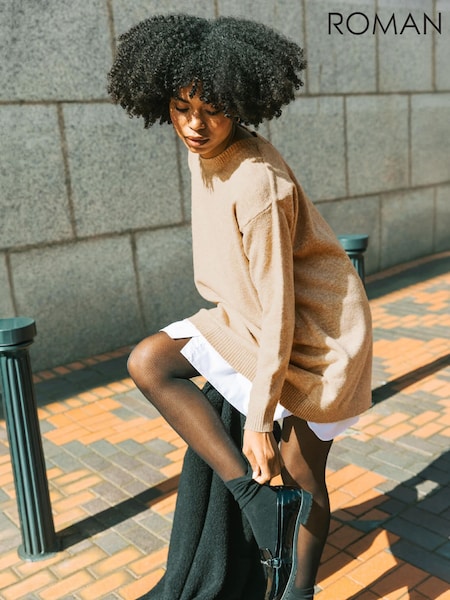 Marrón - Vestido de punto con camisa simulada romana