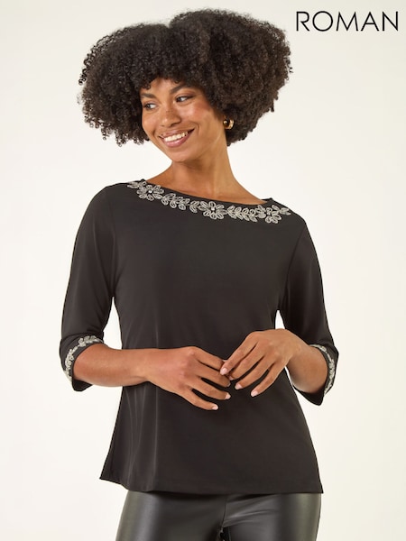 Black - Roman Embellished Stretch Tunic Top