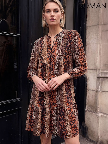 Brun - Roman abstrakt Print smock Stretchkjole