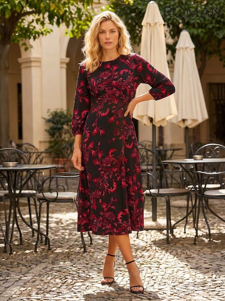 Red - Roman Floral A-line Midi Dress