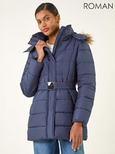 Blue - Roman Faux Fur Padded Belt Coat