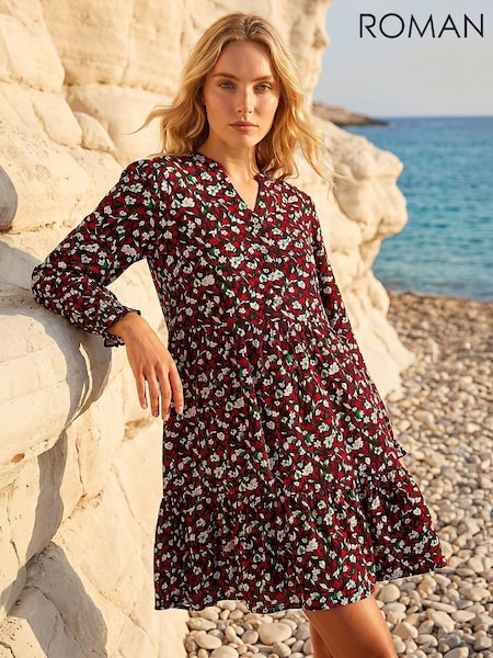Red - Roman Floral Print Buttoned Dress