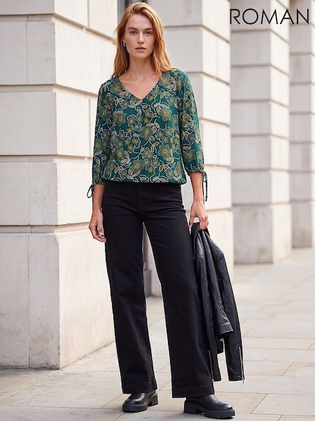 Green - Roman Floral V-neck Stretch Top