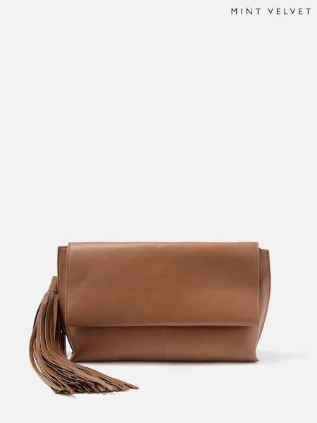 Brown - Mint Velvet Daisy Leather Fold Over Tassel Clutch