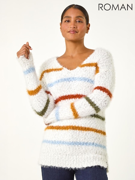 White - Roman Stripe Fluffy Knit Jumper