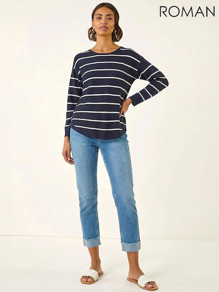 Blue - Roman Stripe Curved Hem Knit Jumper