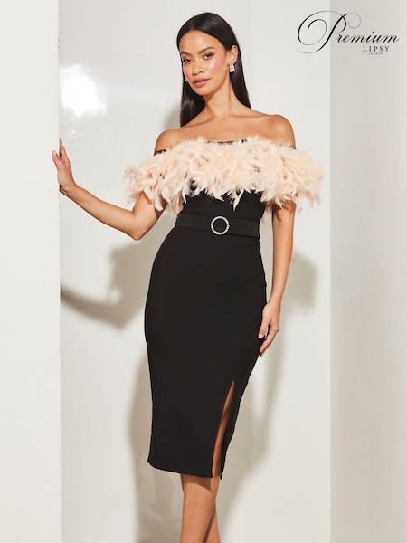 Lipsy Premium Feather Bardot Belted Split Midi Dress (R44937) | €73