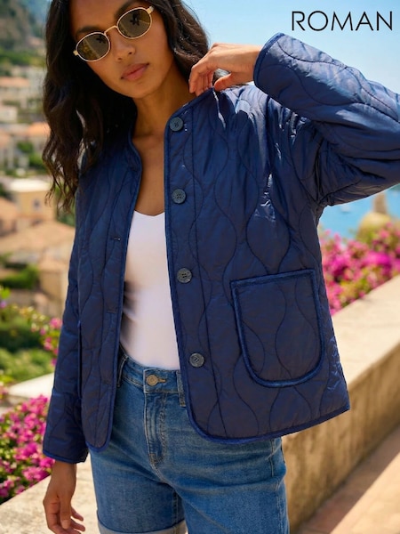 Blue - Roman Two Tone Crew Neck Jacket
