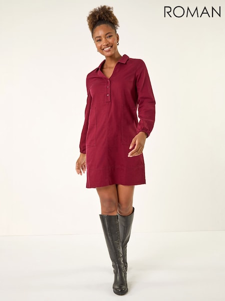 Red - Roman Collared Shift Shirt Dress