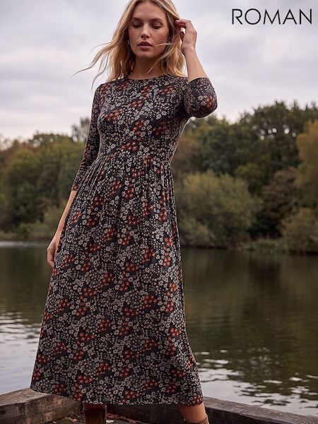 Black - Roman Ditsy Floral Gathered Midi Dress
