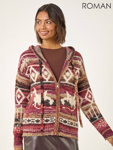 Red - Roman Jacquard Zip Hooded Cardigan