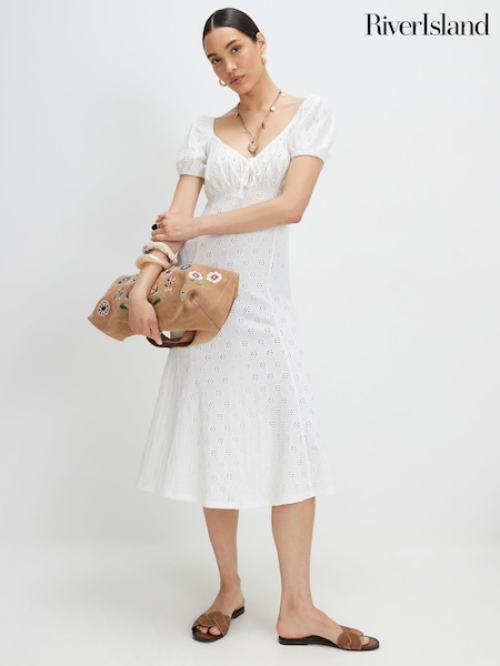 White - River Island Short Sleeve Broderie Midi Dress