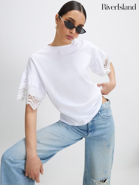 Valkoinen - River Island Short Sleeve Crochet Trim T-shirt