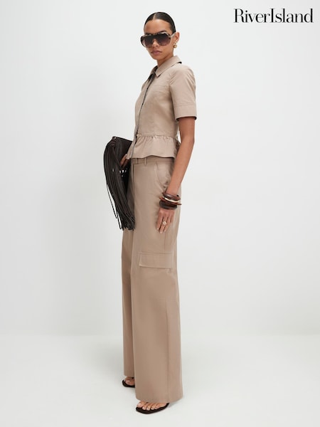 Natural - River Island Mid Rise Straight Leg Cargo Trousers