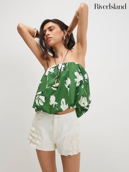 Green - River Island Sleeveless Floral Print Bandeau Bubble Hem Top