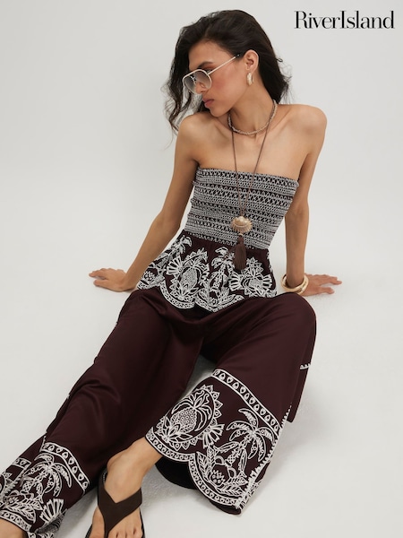 Brown - River Island Embroidered Hem Wide Leg Trousers