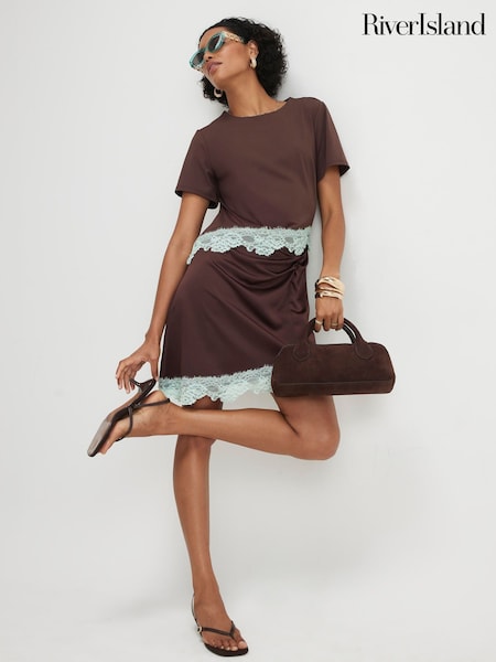 Brown - River Island Short Sleeve Lace Satin Ruched Mini Dress