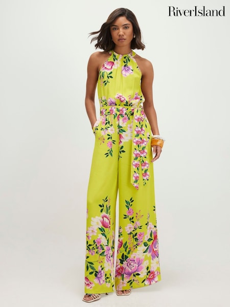 Green - River Island Sleeveless Floral Print Halter Neck Jumpsuit