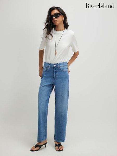Blue - River Island Mid Rise Slim Straight Leg Cropped Jeans