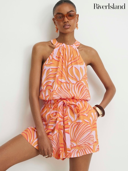 Orange - River Island Sleeveless Halter Neck Printed Playsuit