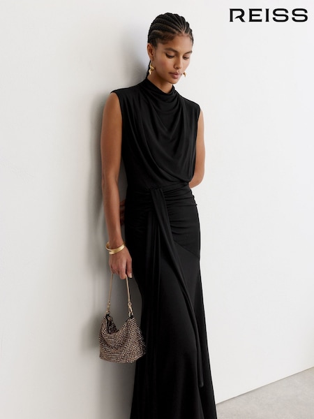 Schwarz - Reiss Inara Draped High-neck Sleeveless Maxi Dress