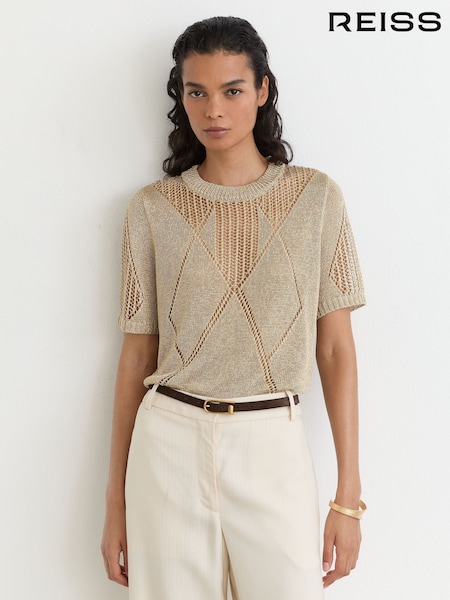 Gold - Reiss Tamsin Metallic Argyle Open-knit Top