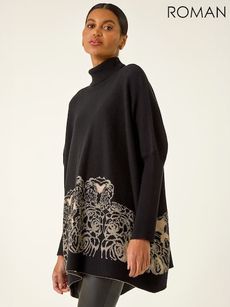 Black - Roman Mono Print High Neck Knit Jumper