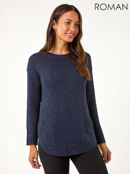 Blue - Roman Nep Fabric Curved Hem Jumper