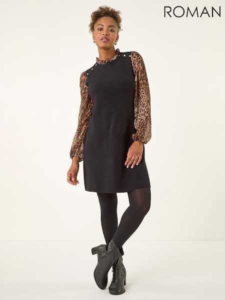 Brown - Roman Animal Print Frill Knitted Dress