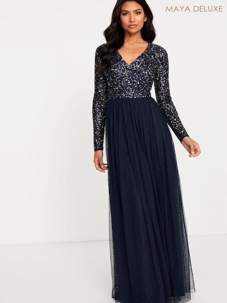 Bleumarin albastru - Maya V Neck Long Sleeve Sequin Maxi Dress (R50275) | 340 LEI