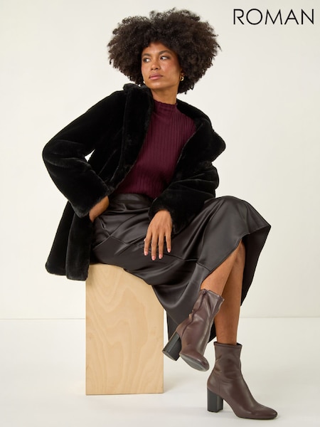 Black - Roman Faux Fur Longline Coat