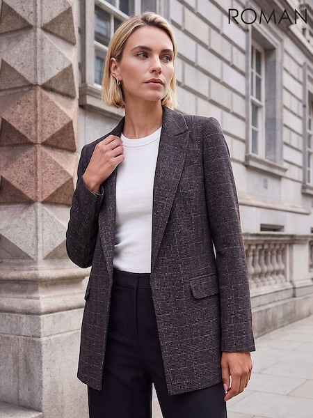 Brown - Roman Check Print Longline Blazer