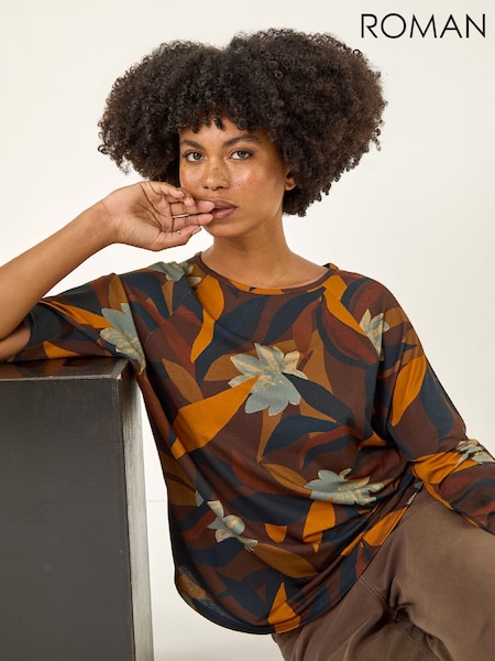 Natural - Roman Floral Print Curved Hem Top