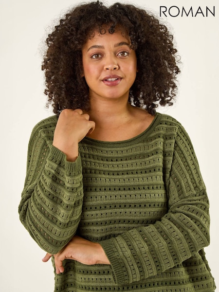 Green - Roman Curve Crochet Stripe Knit Jumper
