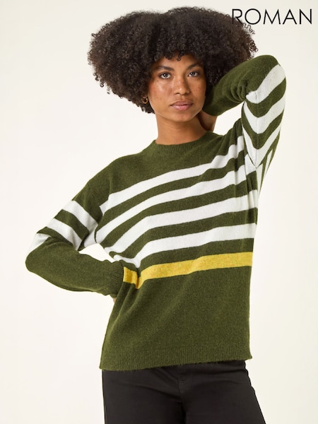 Verde - Suéter de punto con cuello redondo y rayas de Roman