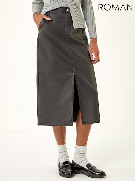 Black - Roman Coated Midi Pencil Skirt