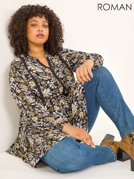 Black - Roman Curve Floral Woven Tunic Top