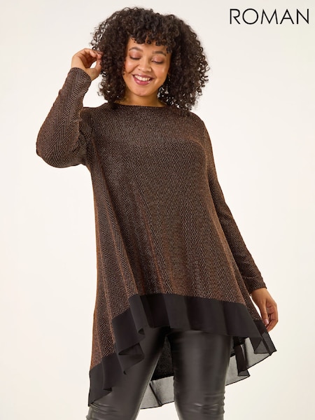 Brown - Roman Curve Glitter Chiffon Hem Tunic Top