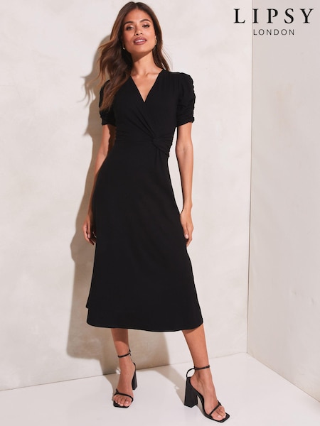 Lipsy Black Petite Jersey Short Ruched Sleeve Knot Side Midi Dress (R52345) | 107 QAR