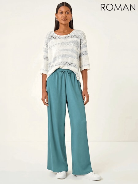 Blue - Roman Crinkle Texture Tie Front Trousers