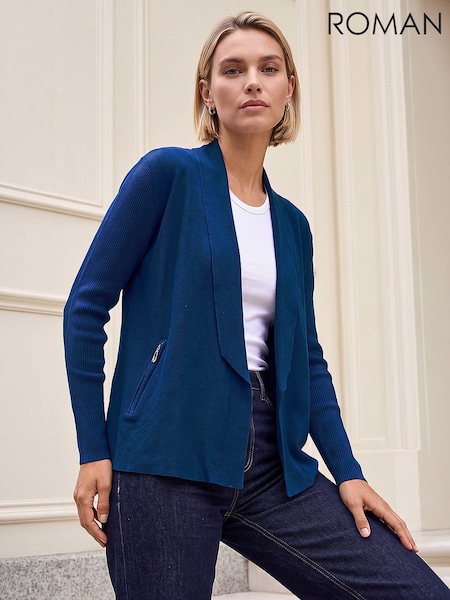 Blue - Roman Zip Detail Collared Cardigan