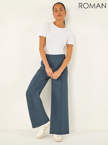 Blue - Roman Petite Pintuck Wide Leg Stretch Trousers