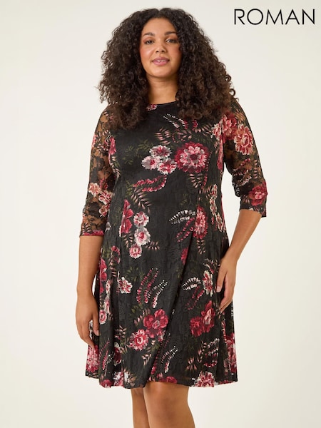 Red - Roman Curve Floral Print Lace Dress