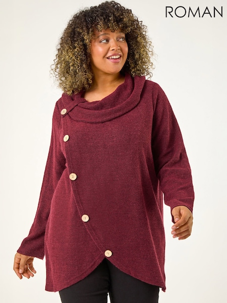 Red - Roman Curve Cowl Neck Button Wrap Top