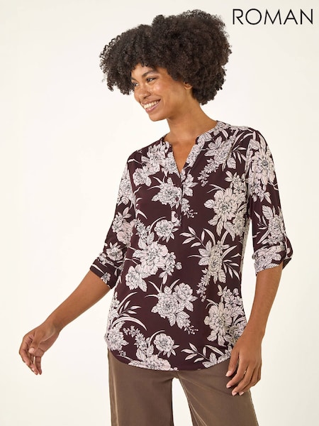 Red - Roman Floral Puff Print Stretch Shirt