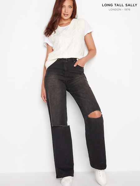 Long Tall Sally Black Distressed Bea Wide Leg Jean (R54584) | €32