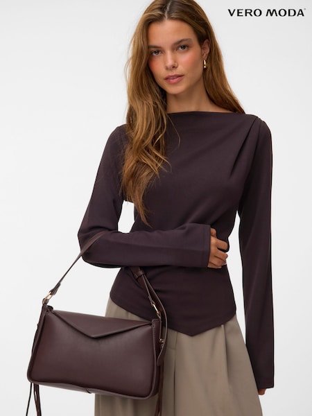 Brown - Vero Moda Long Sleeve Cinched Waist Boat Neck Top