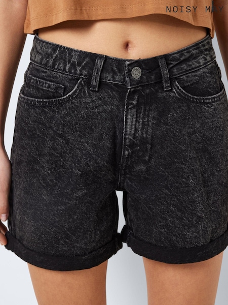 negru prespălat cu aspect uzat - Pantaloni scurți NOISY MAY stil mom cu talie înaltă (R55059) | 100 LEI
