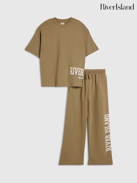 بني - River Island River Varsity T-shirt & Joggers Set